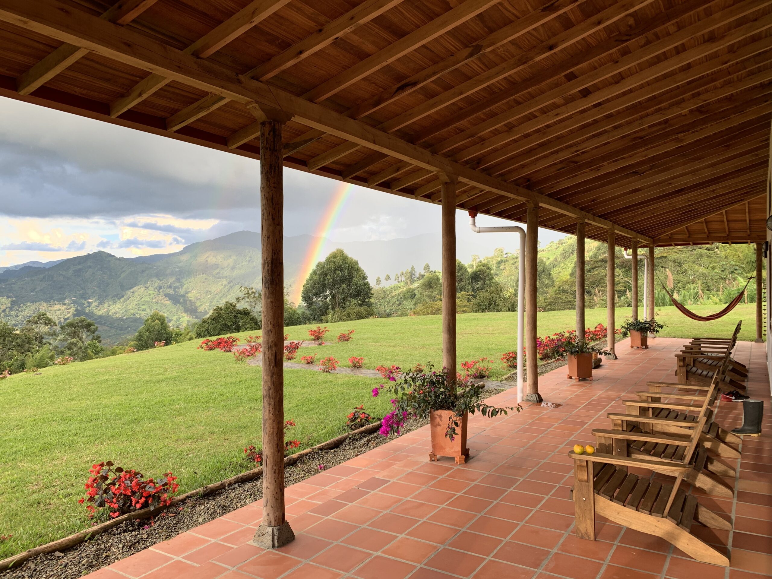 The front patio of Finca Mariposa -A Colombian coffee farm in Jardin Colombia